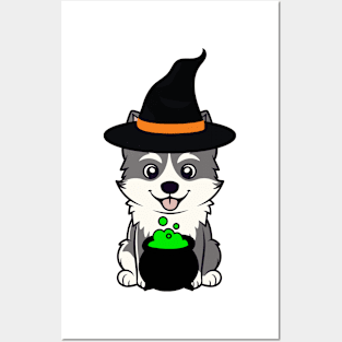 Funny Husky Dog is wearing a witch costume Posters and Art